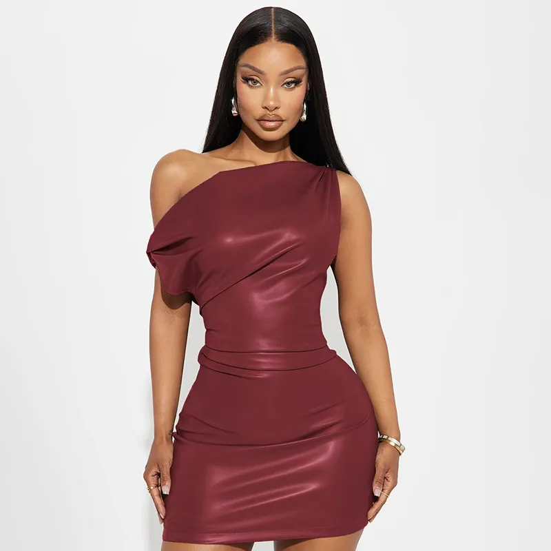 Alessia One-Shoulder Ruched Faux Leather Bodycon Mini Dress mini dress Castello Clothing Line