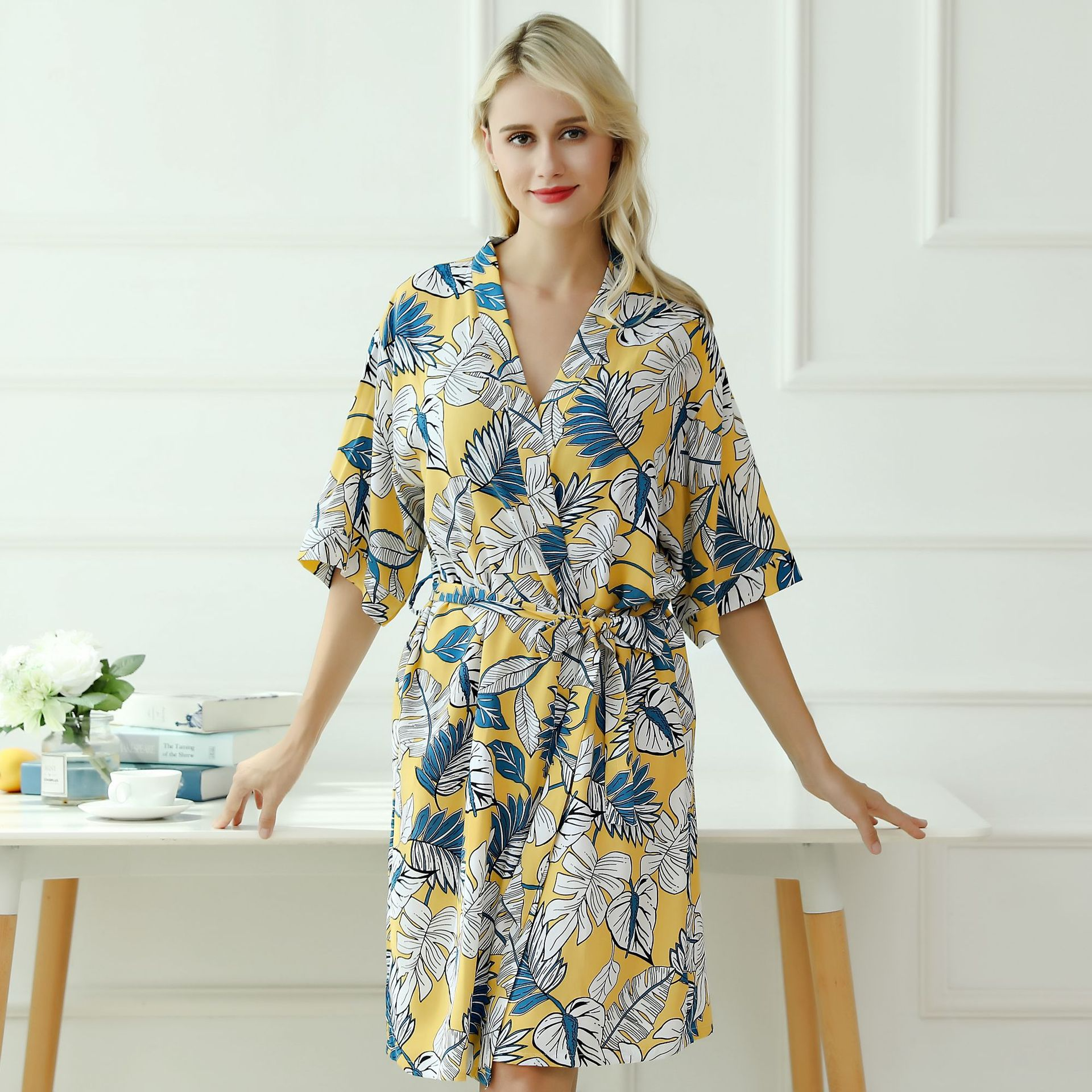Tropical Bliss Leaf Print Short Wrap Robe  Castello Clothing Line   