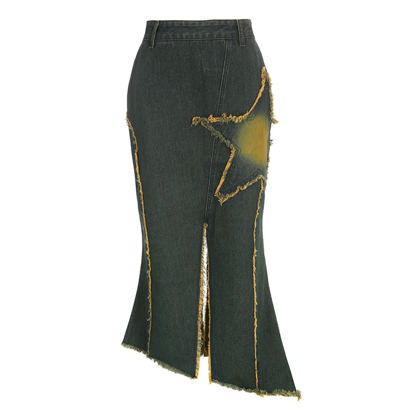Star Power Fringe Hem Denim Maxi Skirt  Castello Clothing Line   
