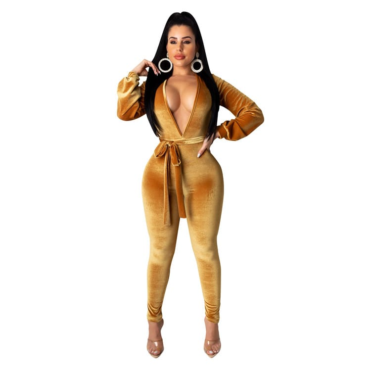 Kora Long Sleeve Plunge Velvet Cutout Bodycon Jumpsuit women jumpsuits Castello Clothing Line