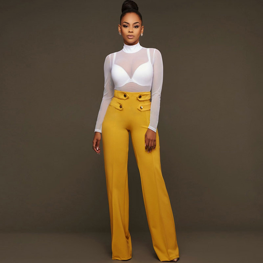 Nyla High-Waist Wide-Leg Button Detail Tailored Pants Castello Clothing Line