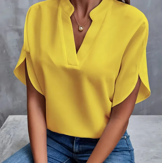 Svelte V-Neck Split Short Sleeve Blouse Castello Clothing Line