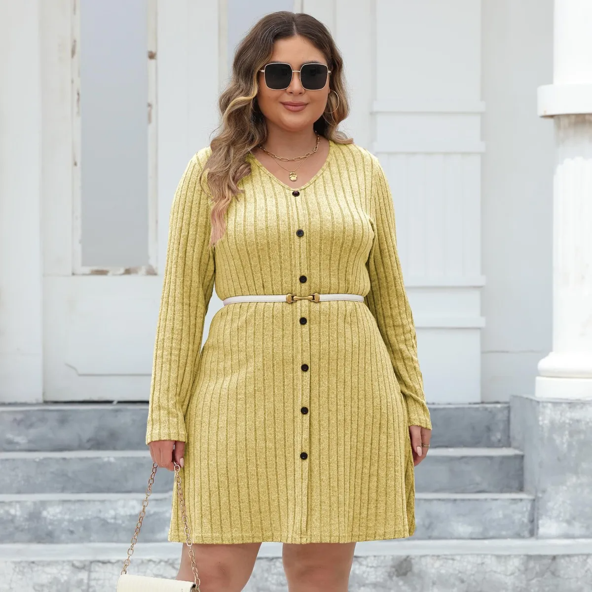 Mara Plus Size Belted Button-Down Ribbed Knit Mini Dress Castello Clothing Line