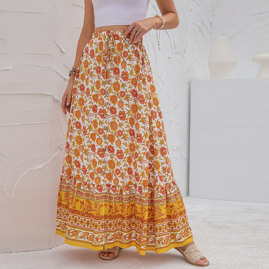Bohemian Floral Maxi Skirt with High Waist  Castello Clothing Line   