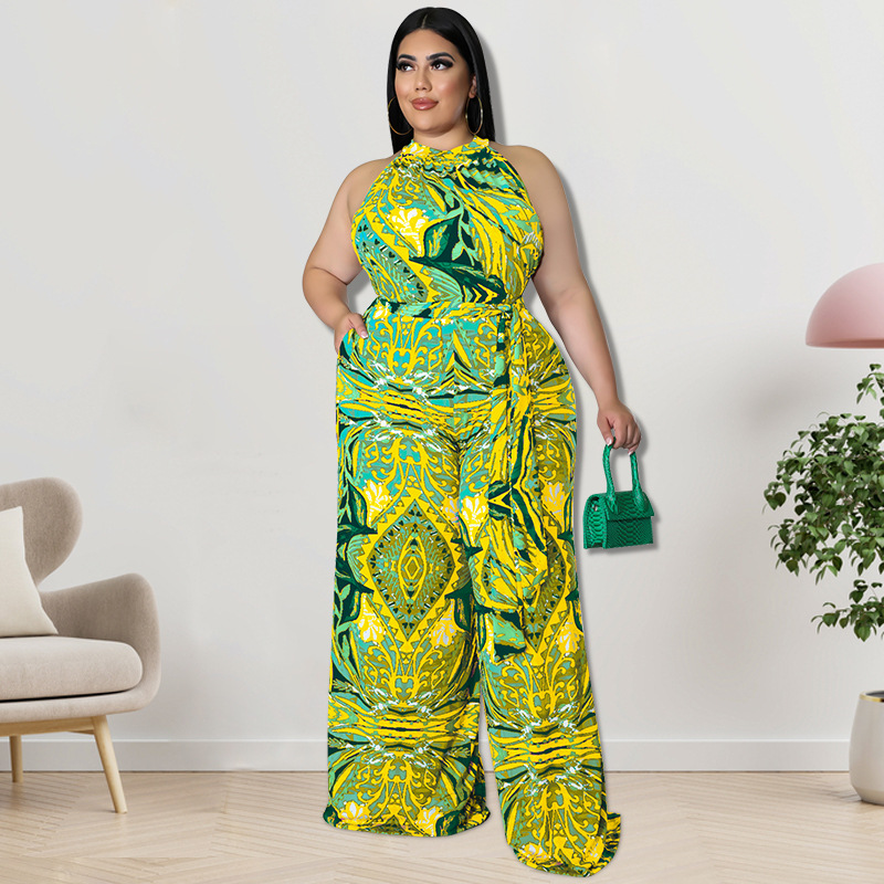Mariah Sleeveless Printed Halter Tie Waist Wide Leg Jumpsuit women jumpsuits Castello Clothing Line