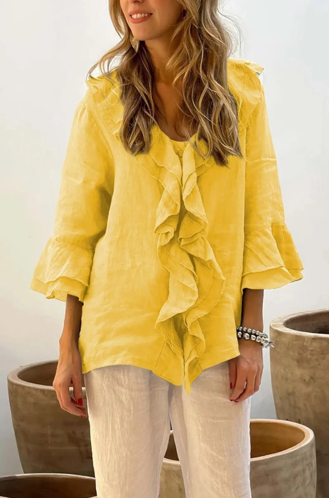 Fleur Ruffle Front 3/4 Sleeve Relaxed Linen Blouse Castello Clothing Line