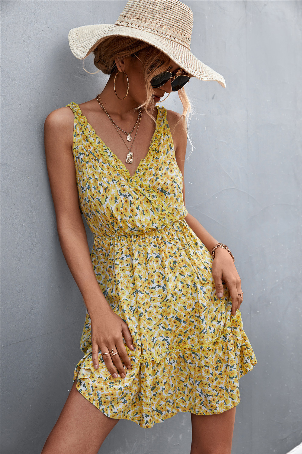 Cora Sleeveless Floral Faux Wrap Ruffle Trim Mini Dress Castello Clothing Line
