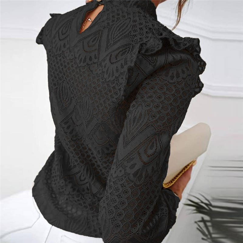 Top It Off Lace Ruffle Long Sleeve High-Neck Blouse Castello Clothing Line