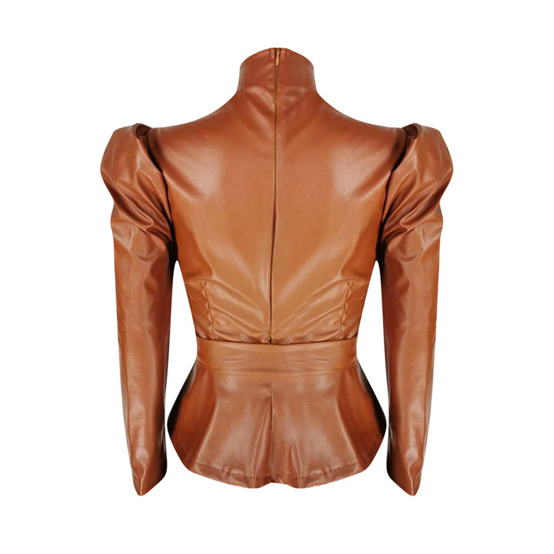 Envy Faux Leather Puff Sleeve Tie-Waist Peplum Top Castello Clothing Line