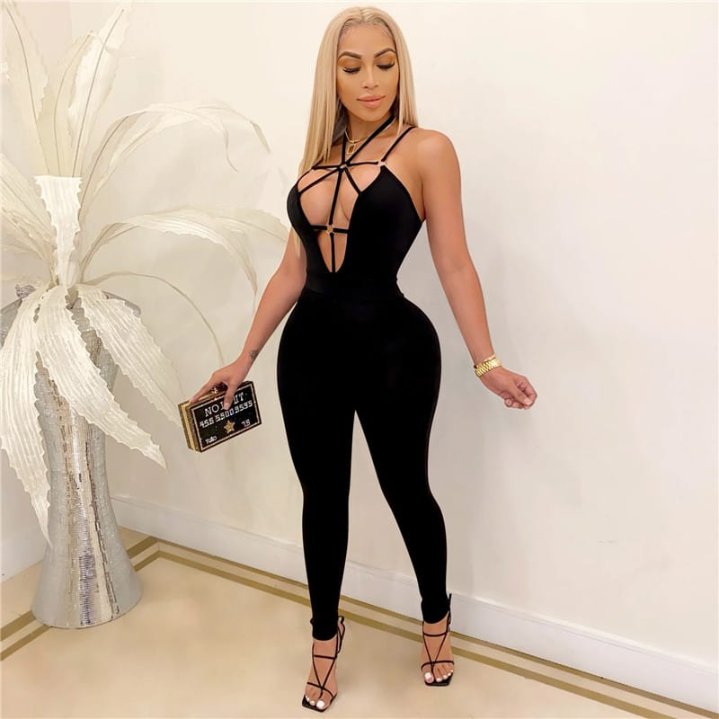 Janelle Strappy Cutout Halter Bodycon Jumpsuit women jumpsuits Castello Clothing Line