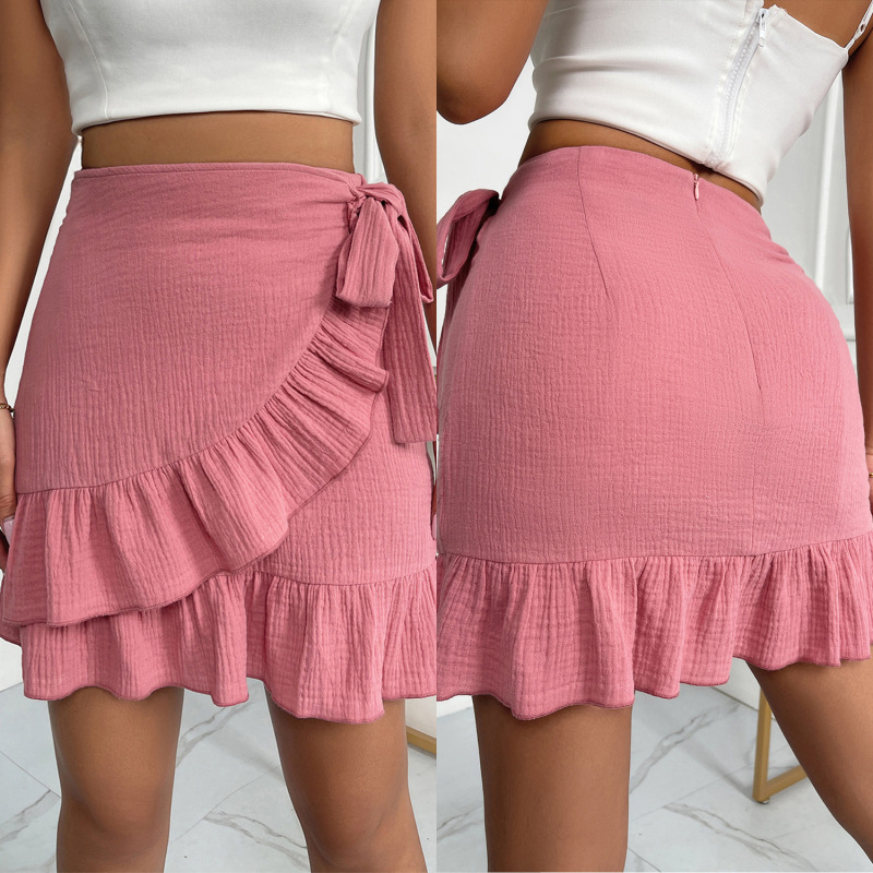 Pink High Waist Ruffle Wrap Mini Skirt with Side Tie and Back Zip Up  Castello Clothing Line   