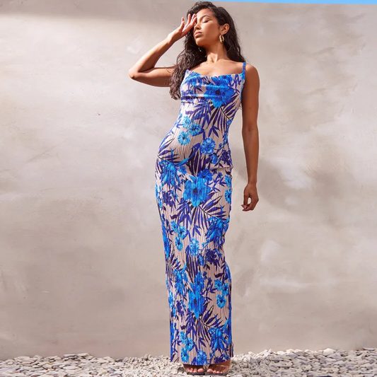 Nimue Sleeveless Floral Print Pleated Bodycon Maxi Dress maxi dress Castello Clothing Line