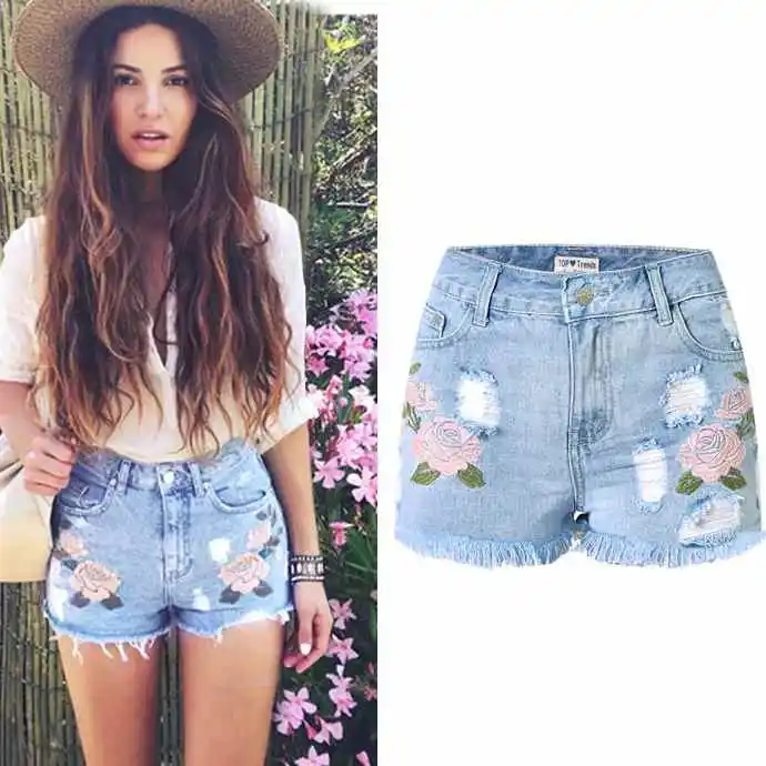 BloomEdge High-Rise Floral Embroidered Jean Shorts  Castello Clothing Line   
