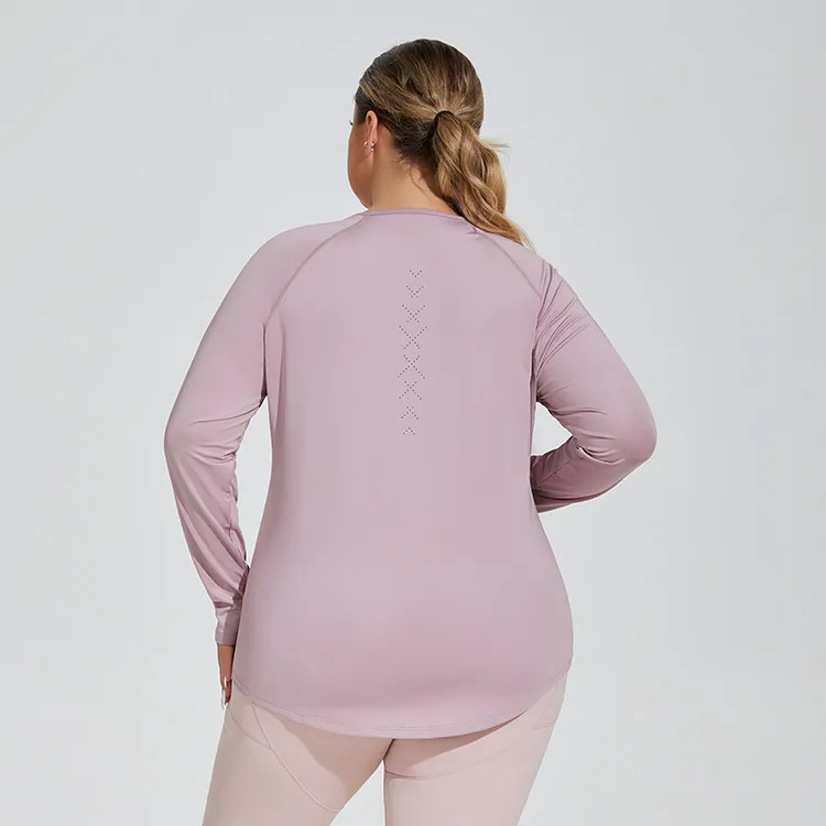 Avery Plus Size Long Sleeve Laser Cut Stretch Knit T-Shirt workout tops and t-shirts Castello Clothing Line