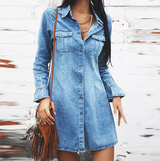 Long Sleeve Ruffle Denim Shirt Dress  Castello Clothing Line   