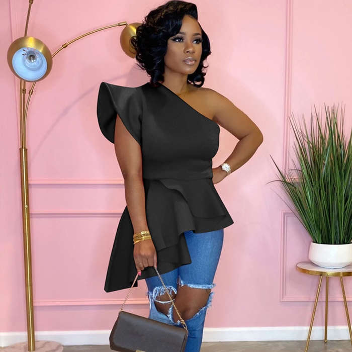 Show Stopper One-Shoulder Asymmetrical Ruffle Peplum Blouse Castello Clothing Line