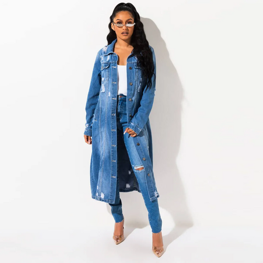 DuskTrail Distressed Longline Button-Up Denim Jacket Castello Clothing Line