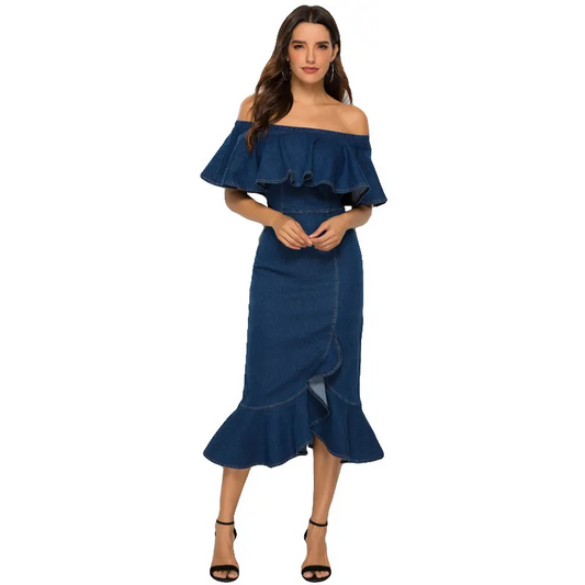 Clare Off-Shoulder Ruffle Denim Midi Dress Castello Clothing Line