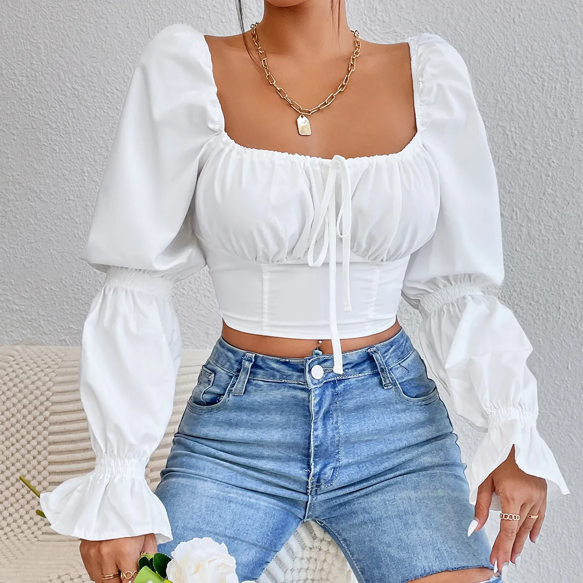 Vivara Ruched Tie Front Long Sleeve Crop Top Castello Clothing Line