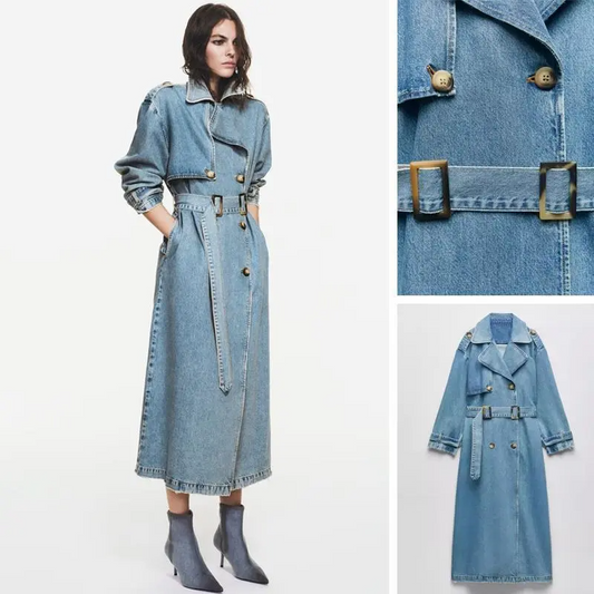 Regal Belted Double-Breasted Long Denim Trench Coat Castello Clothing Line