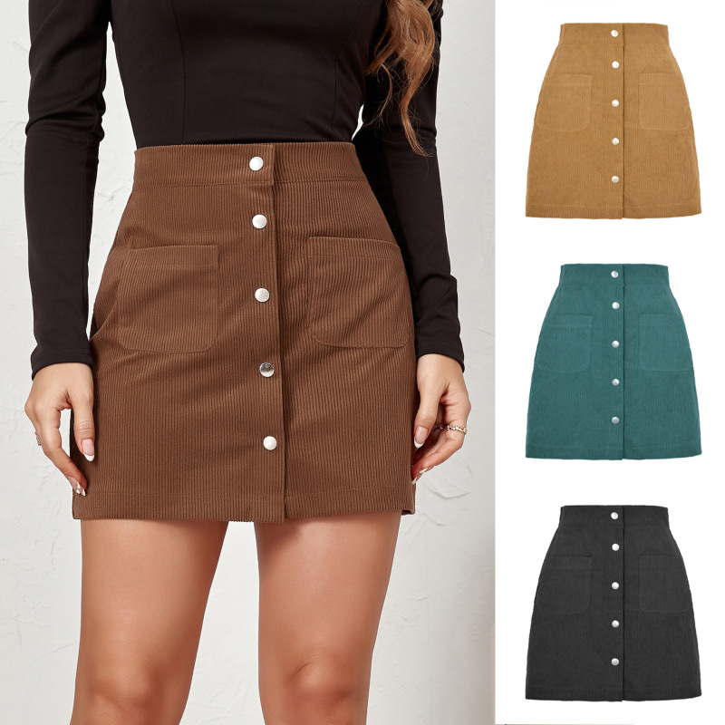 High Waist Corduroy Mini Skirt | Front Button Up & Pocket Detailed | Corduroy/Cotton/Polyester Blend  Castello Clothing Line   