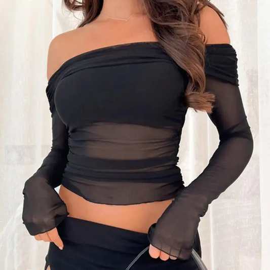 Eden Sheer Off-Shoulder Long Sleeve Mesh Top  Castello Clothing Line   