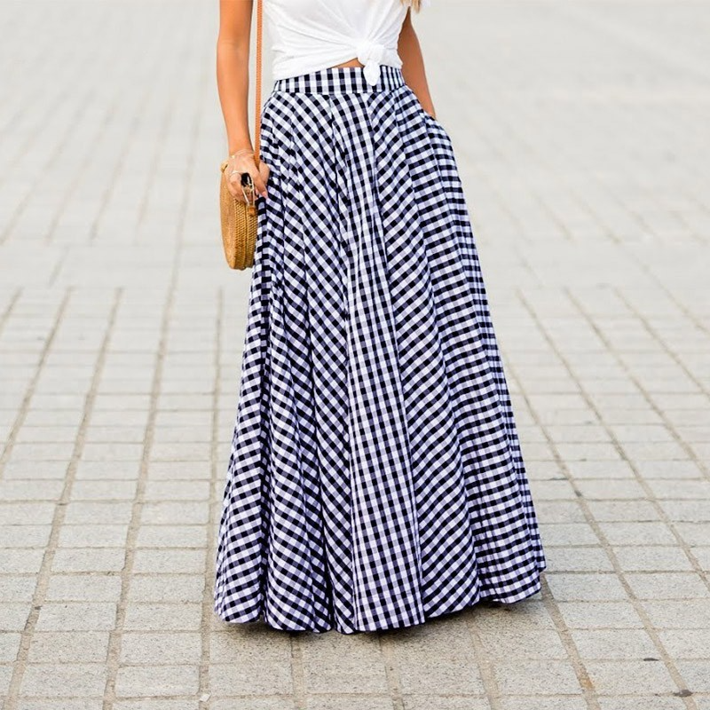 High Waist Plaid Maxi Skirt with Pockets  Castello Clothing Line   