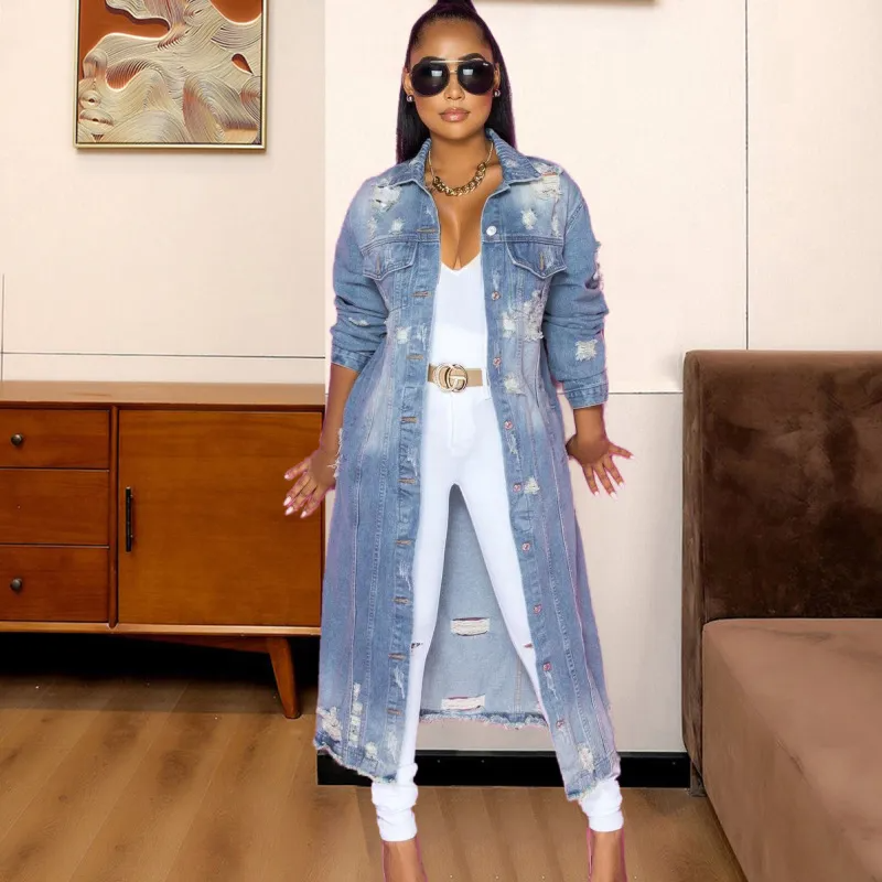 StrutLine Distressed Longline Button-Up Long Sleeve Denim Jacket Castello Clothing Line