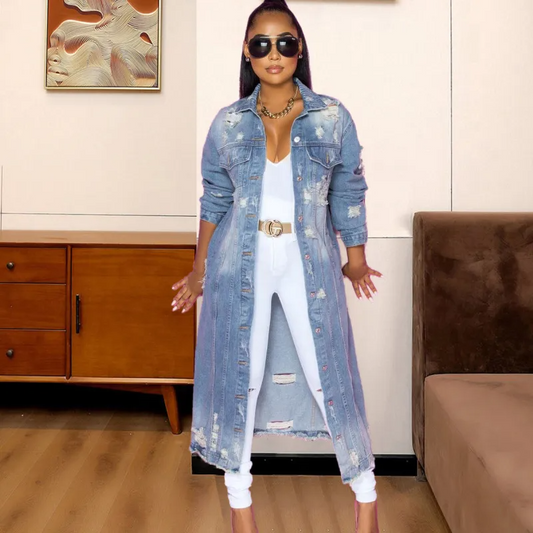 StrutLine Distressed Longline Button-Up Long Sleeve Denim Jacket Castello Clothing Line