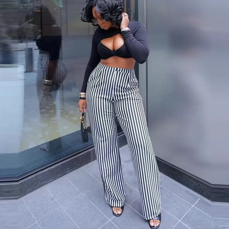 Jade High-Waisted Striped Wide-Leg Pants Castello Clothing Line