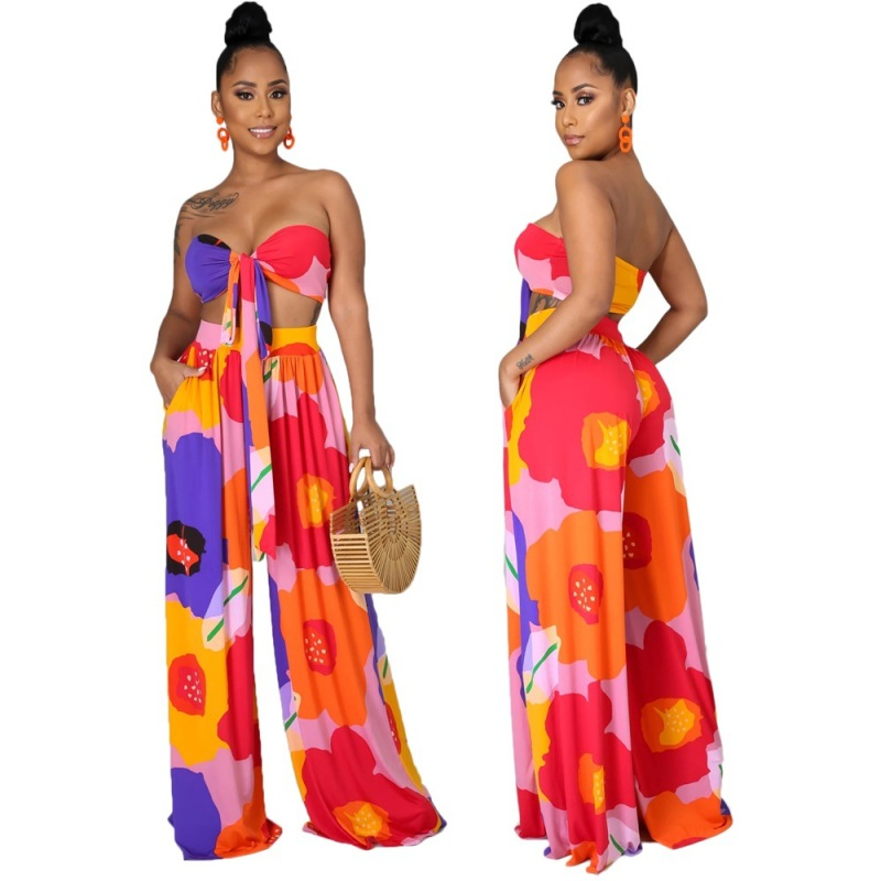 Floral Tube Top & High Waist Pants Set - Pocket Detailed - Polyester  Castello Clothing Line   