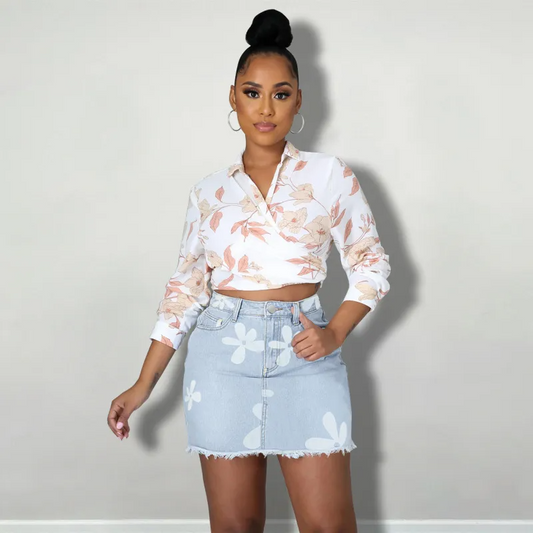 Flower Power Frayed Denim Mini Skirt  Castello Clothing Line   