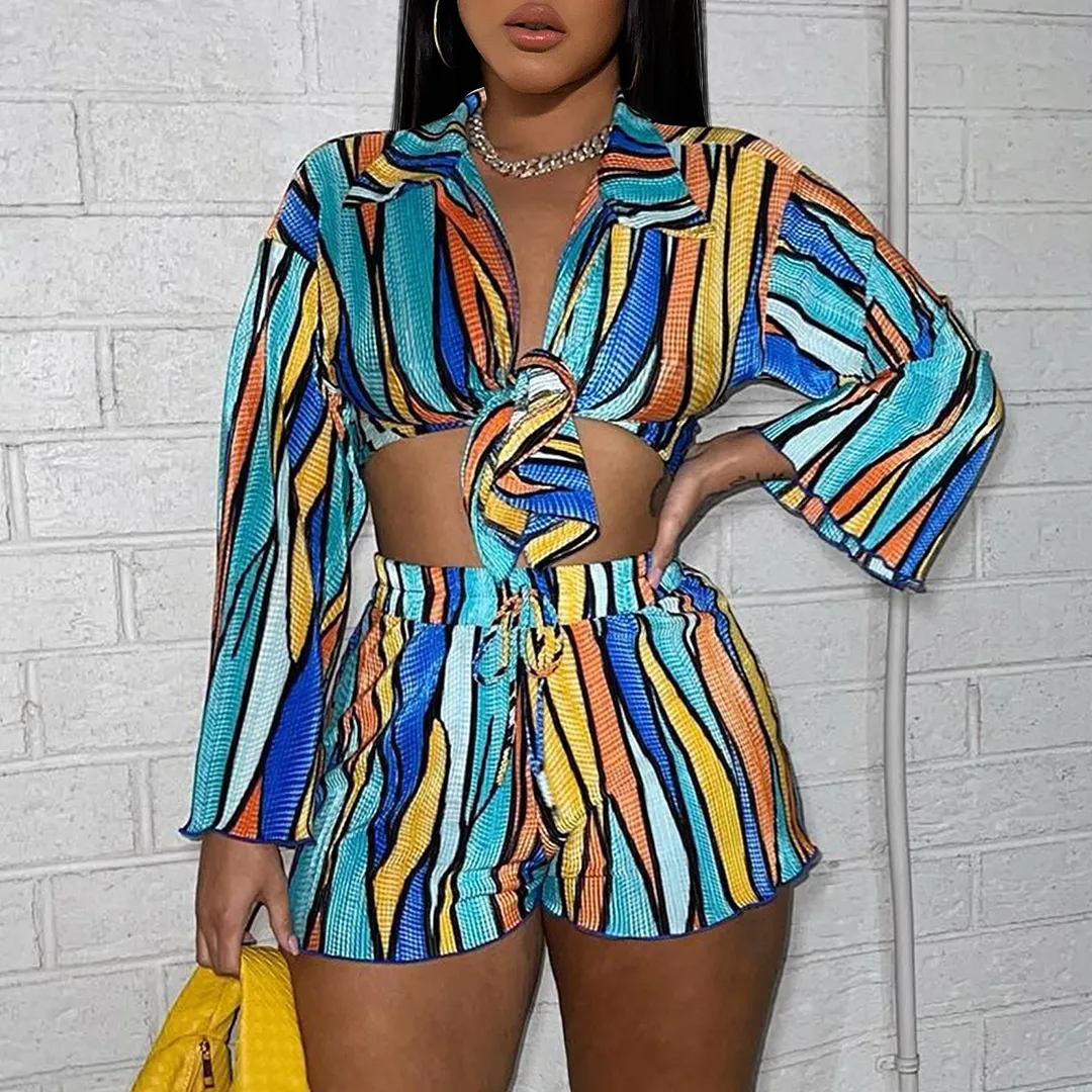 Vivid Striped Tie-Front Collared Top & Drawstring Shorts Set  Castello Clothing Line   