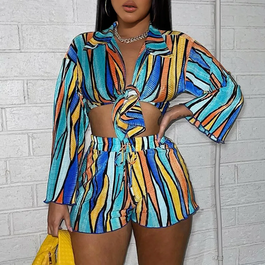 Vivid Striped Tie-Front Collared Top & Drawstring Shorts Set  Castello Clothing Line   
