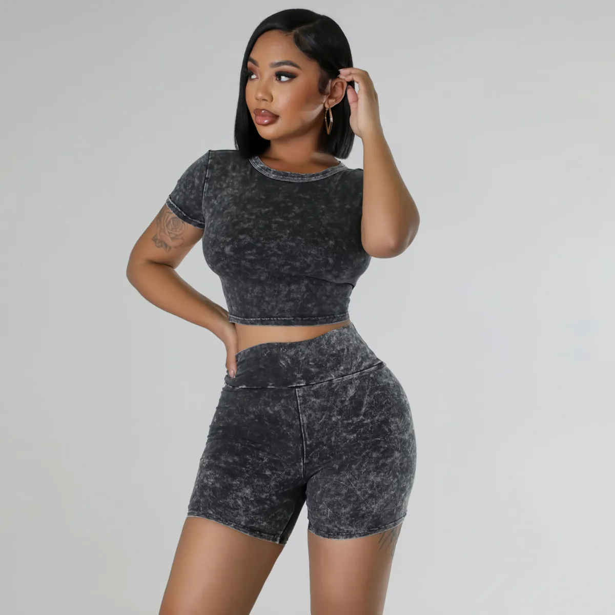 Vibe Acid Wash Crop Top & Biker Shorts Set  Castello Clothing Line   