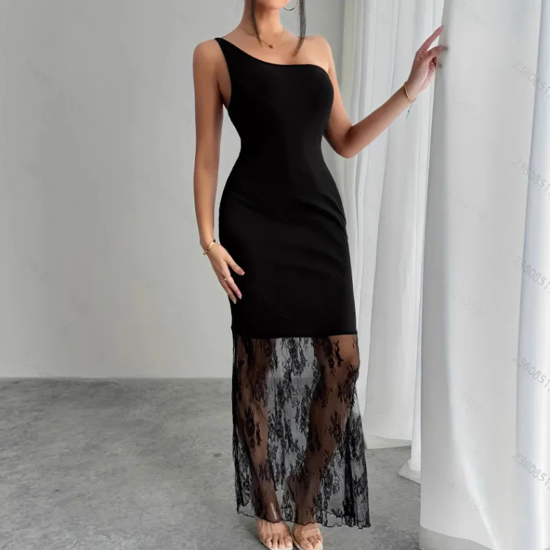 Veyra One Shoulder Sheer Lace Maxi Dress maxi dress Castello Clothing Line