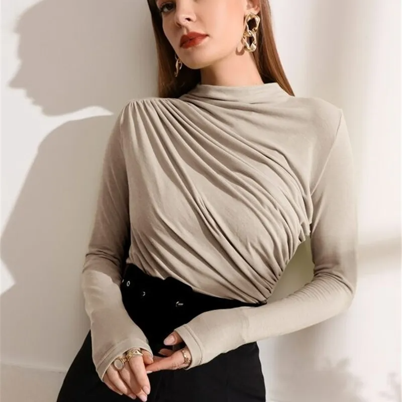 Power Pose Ruched High Neck Long Sleeve Blouse Castello Clothing Line