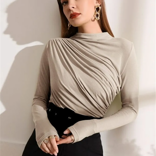 Power Pose Ruched High Neck Long Sleeve Blouse Castello Clothing Line