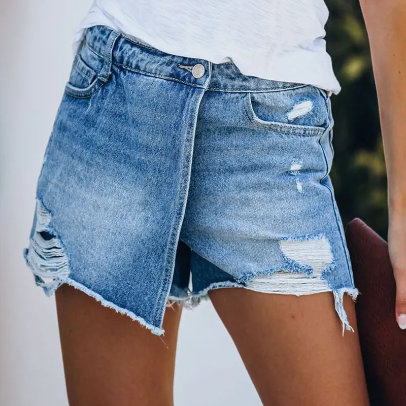Storm High-Rise Distressed Asymmetrical Denim Skort  Castello Clothing Line   