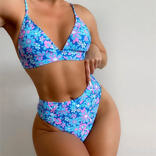 Floral V-Neck High Waist Bikini Set  Castello Clothing Line   