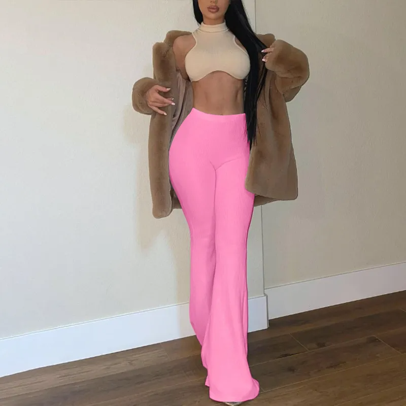 Aveline High-Waisted Ribbed Flared Knit Pants women pants Castello Clothing Line