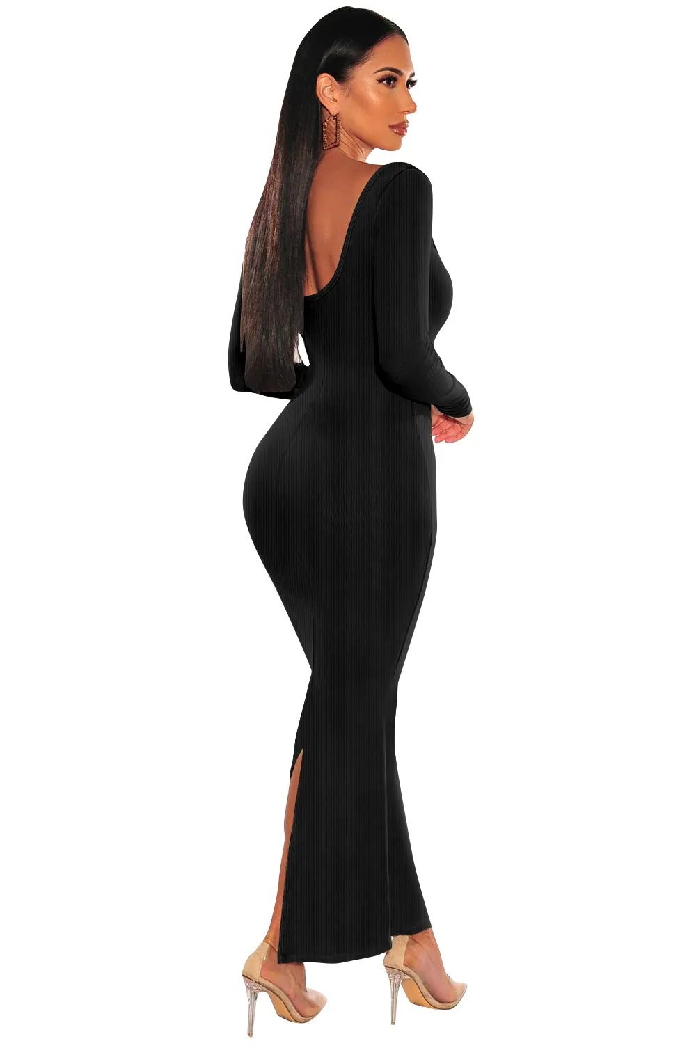 Callia Ribbed Long Sleeve Scoop Neck Maxi Dress maxi dress Castello Clothing Line