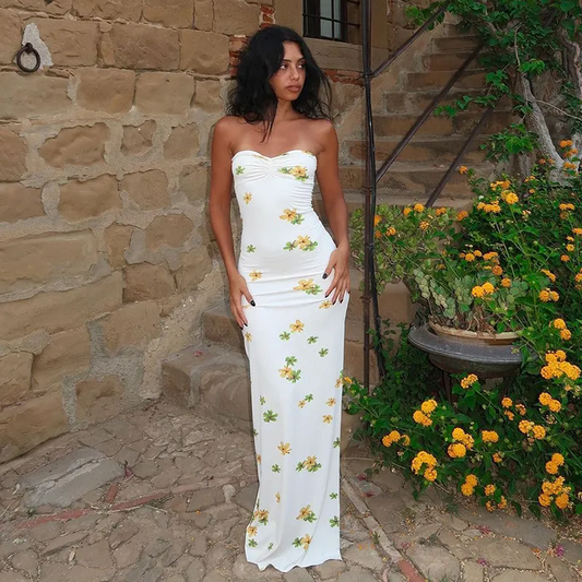 Nessa Strapless Floral Print Ruched Bodycon Maxi Dress maxi dress Castello Clothing Line
