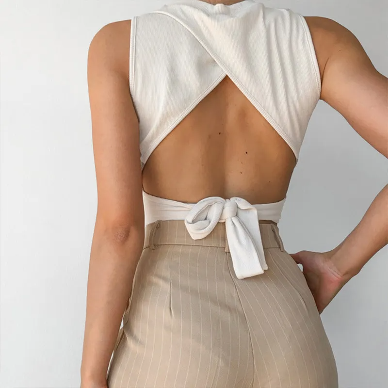 Tied Together Open-Back Mock Neck Crop Top  Castello Clothing Line   