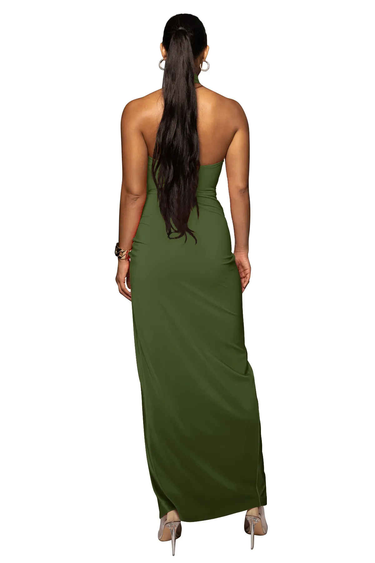 Tess Halter Backless Draped Slit Sheath Maxi Dress maxi dress Castello Clothing Line