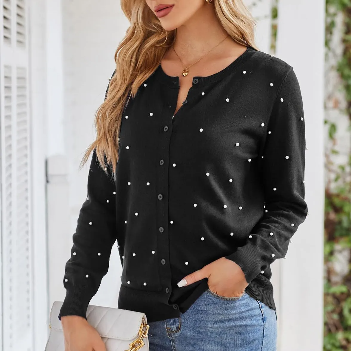 Orbit Button-Up Pearl Embellished Knit Cardigan Sweater Castello Clothing Line
