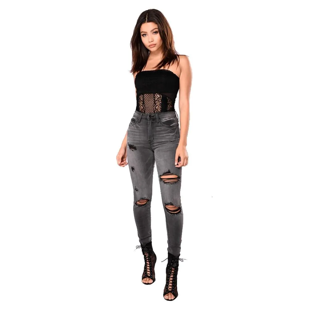 Black High Waist Ripped Skinny Jeans  Castello Clothing Line   