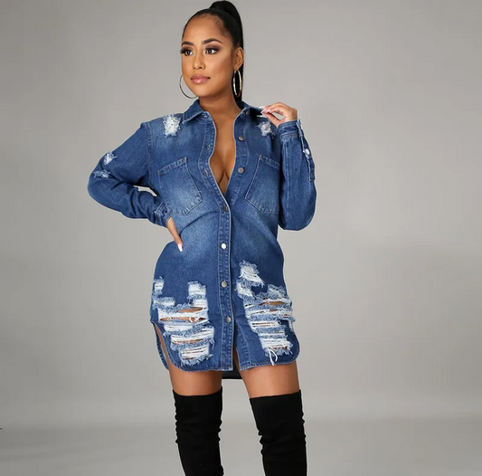 Siren Distressed Long Sleeve Button-Up Denim Jacket Castello Clothing Line