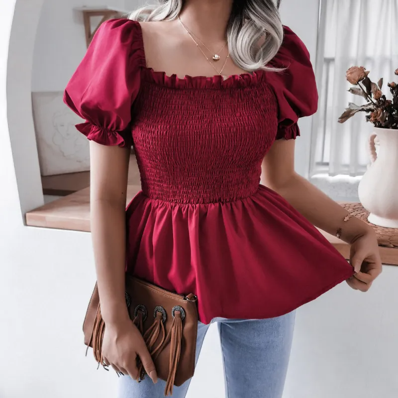 Crown Appeal Smocked Puff Sleeve Peplum Top Castello Clothing Line