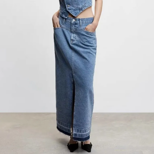 Chic Stroll Denim Maxi Skirt  Castello Clothing Line   